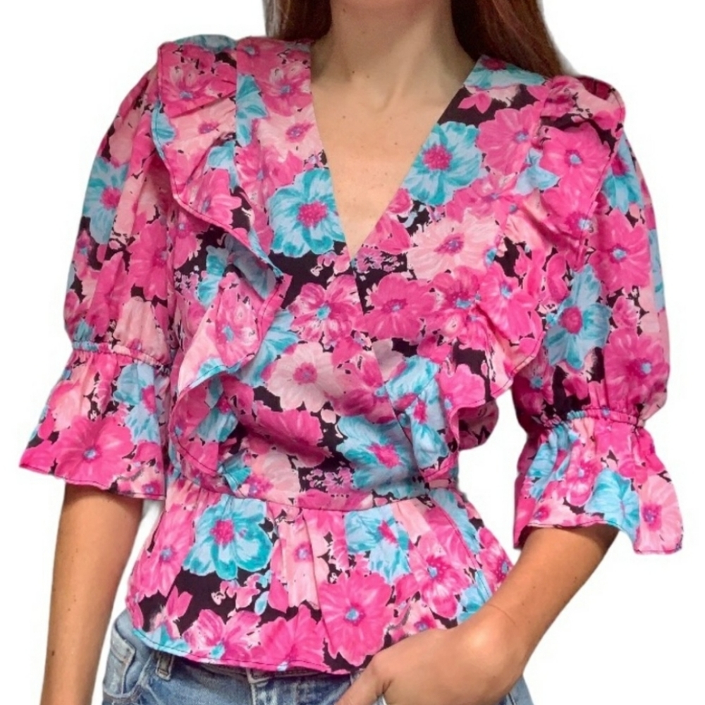 WAYF Floral Print Ruffle Wrap Top